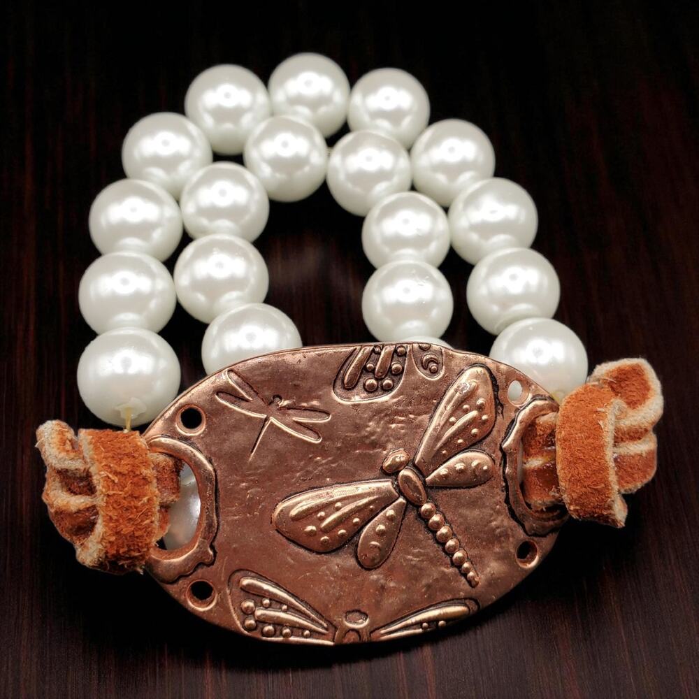Handmade Dragonfly Bracelet Copper Plate with Faux Pearls Suede Cord